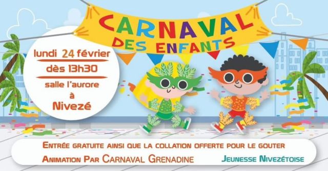 Lundi 24 février dès 13h30🎭
La saison des 𝒄𝒂𝒓𝒏𝒂𝒗𝒂𝒍𝒔 débute, et une nouvelle fois, la Jeunesse Nivezétoise veut s’assurer que tant les petits que les grands puissent en profiter pleinement ! 🤡
Cette année encore, « 𝐂𝐚𝐫𝐧𝐚𝐯𝐚𝐥 𝐆𝐫𝐞𝐧𝐚𝐝𝐢𝐧𝐞 » se fera un plaisir d’animer ce chouette moment ! Il fera jouer et danser vos enfants tout au long de l’après-midi. 𝑳𝙚𝒔 𝒅𝙚́𝒈𝙪𝒊𝙨𝒆𝙢𝒆𝙣𝒕𝙨 𝙚𝒕 𝒄𝙤𝒔𝙩𝒖𝙢𝒆𝙨 en tout genre sont évidemment de rigueur ! 🎊🎭
Une collation sera également 𝗼𝗳𝗳𝗲𝗿𝘁𝗲 à chacun de vos enfants ! Pour les parents, le bar sera naturellement ouvert. 
Au plaisir de vous voir nombreux à Nivezé ce 𝐥𝐮𝐧𝐝𝐢 𝟐𝟒/𝟎𝟐 𝐝𝐞̀𝐬 𝟏𝟑𝐡𝟑𝟎 pour s’amuser au cours d’un chouette moment en famille ! 
𝙀𝙣𝙩𝙧𝙚́𝙚 𝙜𝙧𝙖𝙩𝙪𝙞𝙩𝙚